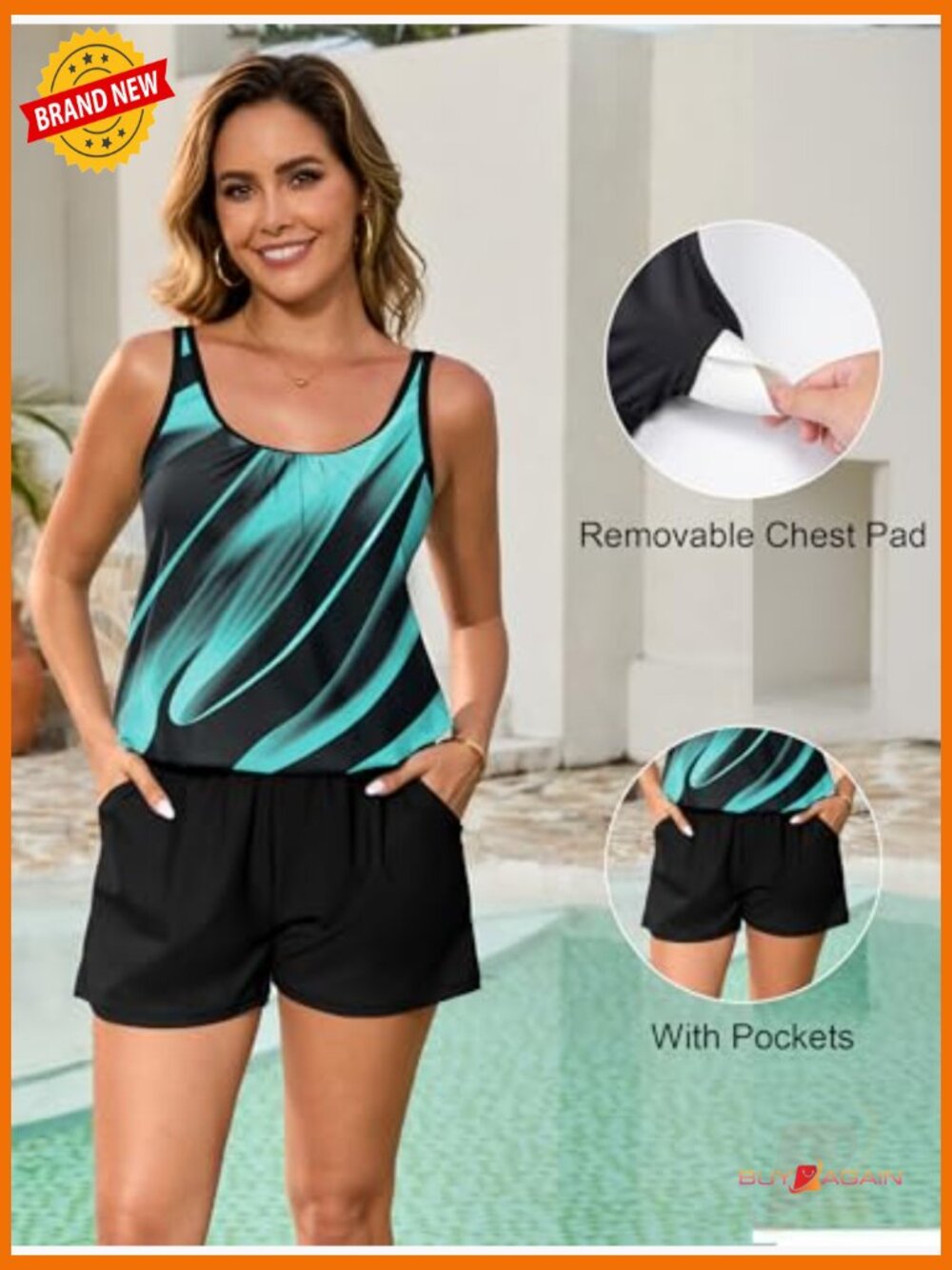 Plus Size Women's One Piece Swim Romper with Pockets Modest Bathing Suit S-24W - Picture 5 of 7
